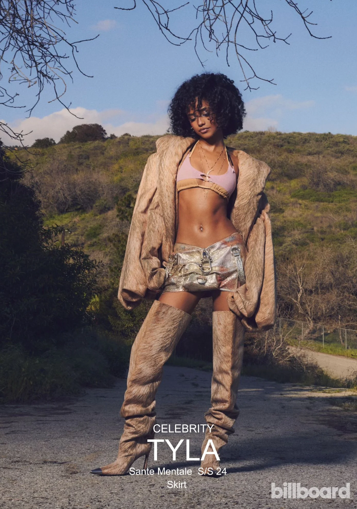 Artist Tyla wearing Corii Burns Santé Mentale skirt featured in Billboard Magazine — sustainable luxury fashion, avant-garde style, music industry fashion