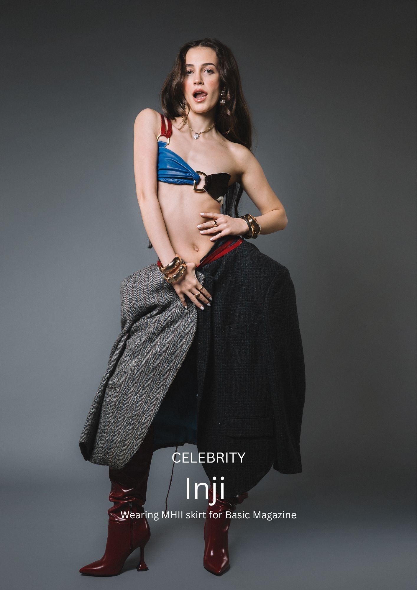 Artist Inji wearing Corii Burns MHII Collection Opener Skirt featured in BASIC Magazine Cover